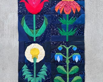 Folk Flower FPP Set--4 Patterns PLUS Stem and Leaf Extenders--Interchangeable Stems--2 Sizes Included--Collection #2--Paper Piecing Blocks