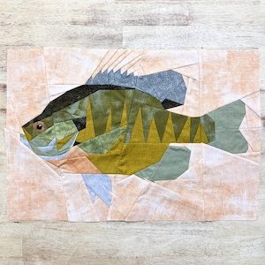 Può includere: Un disegno di trapunta a patchwork di un pesce verde, giallo e blu su uno sfondo bianco.