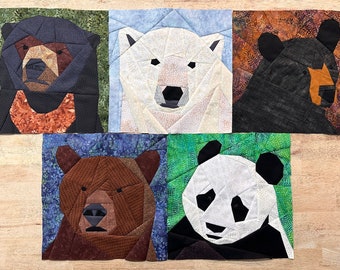 Bears of the World--Sun, Polar, Black, Grizzly, Panda Bears--The Bear Series--5 Patterns--Paper Piecing Quilt Block Pattern