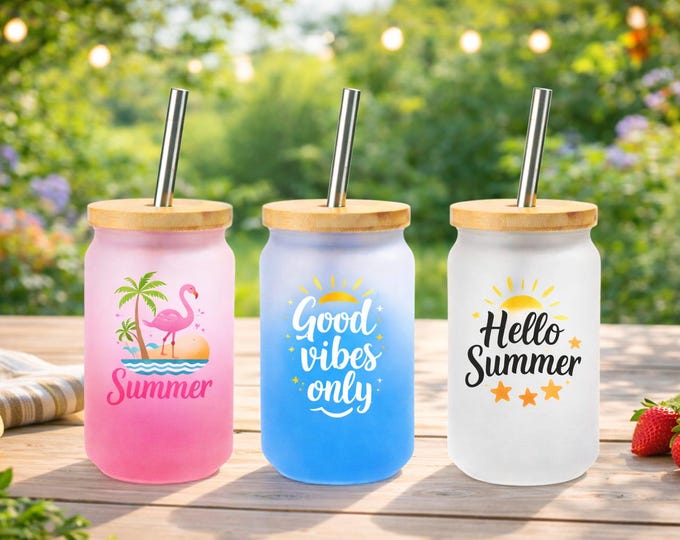 Personalized glass drinking cup with bamboo lid and metal straw