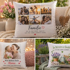 Könnte beinhalten: Weiße Zierkissen mit Familienfotos und Text. Ein Kissen trägt die Aufschrift "Familie" mit einem Herz und dem Text "ist wo das Leben beginnt und die Liebe niemals endet." Ein anderes sagt "Wir lieben Dich Mama" mit Herzen.