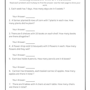 Puede incluir: Una hoja de trabajo blanca titulada "Problemas de palabras de multiplicación" con siete problemas de matemáticas. La hoja de trabajo incluye espacios en blanco para las respuestas. El texto "LearningLuxePrints" está en la parte inferior.