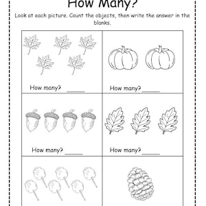 May include: Black and white worksheet titled "How Many?" with illustrations of leaves, pumpkins, acorns, and lollipops. The worksheet asks the user to count the objects and write the answer in the blanks. The bottom of the page includes the text "LearningLuxePrints."
