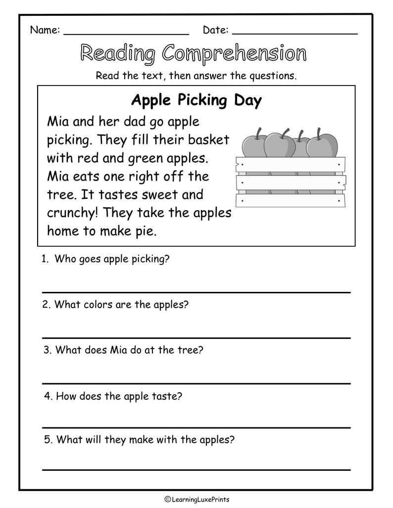 Fall Reading Comprehension Pack/ 5-page Autumn ELA Worksheets for Kids ...