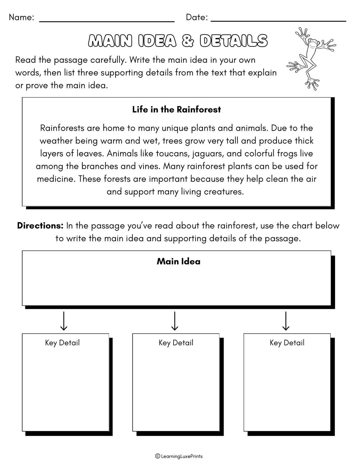 Main Idea and Details Worksheet/ Reading Comprehension Activity for ...