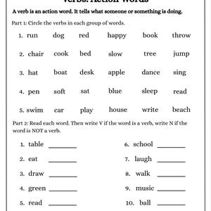 May include: A black and white worksheet titled "Verbs: Action Words." The worksheet defines a verb and includes two parts: circling verbs in word groups and identifying verbs. The bottom right corner has the text "Learning Luxe Prints."