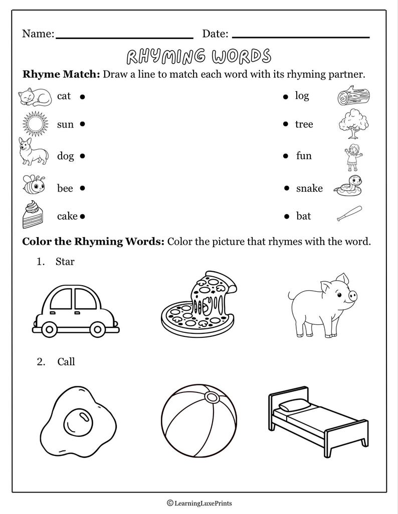 Rhyming Words Worksheet/ Phonics Printable for Kids - Etsy