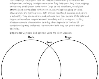 Może przedstawiać: Czarno-biała karta pracy zatytułowana "LET'S COMPARE & CONTRAST" z diagramem Venna. Tekst instruuje czytelnika, aby porównał i zestawił koty i psy. Diagram zawiera okręgi z etykietami "Koty", "Oba" i "Psy".