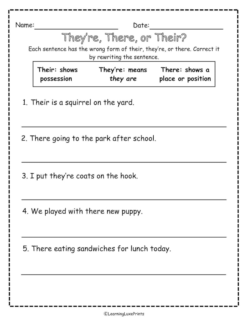 They're, Their, and There Worksheet Pack/ 3-page Grammar Printable for ...