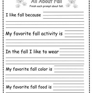Puede incluir: Una hoja de trabajo en blanco y negro titulada "All About Fall" con indicaciones para completar. Las indicaciones incluyen "Me gusta el otoño porque", "Mi actividad favorita de otoño es", "En otoño me gusta usar", "Mi color favorito de otoño es" y "Mi comida favorita de otoño es".