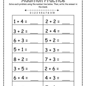 Könnte beinhalten: Ein schwarz-weißes Arbeitsblatt mit dem Titel "Addition Practice" mit Rechenaufgaben. Das Arbeitsblatt enthält eine Zahlenlinie von 0 bis 10 und Platz zum Eintragen der Antworten. Einfache Additionsgleichungen.