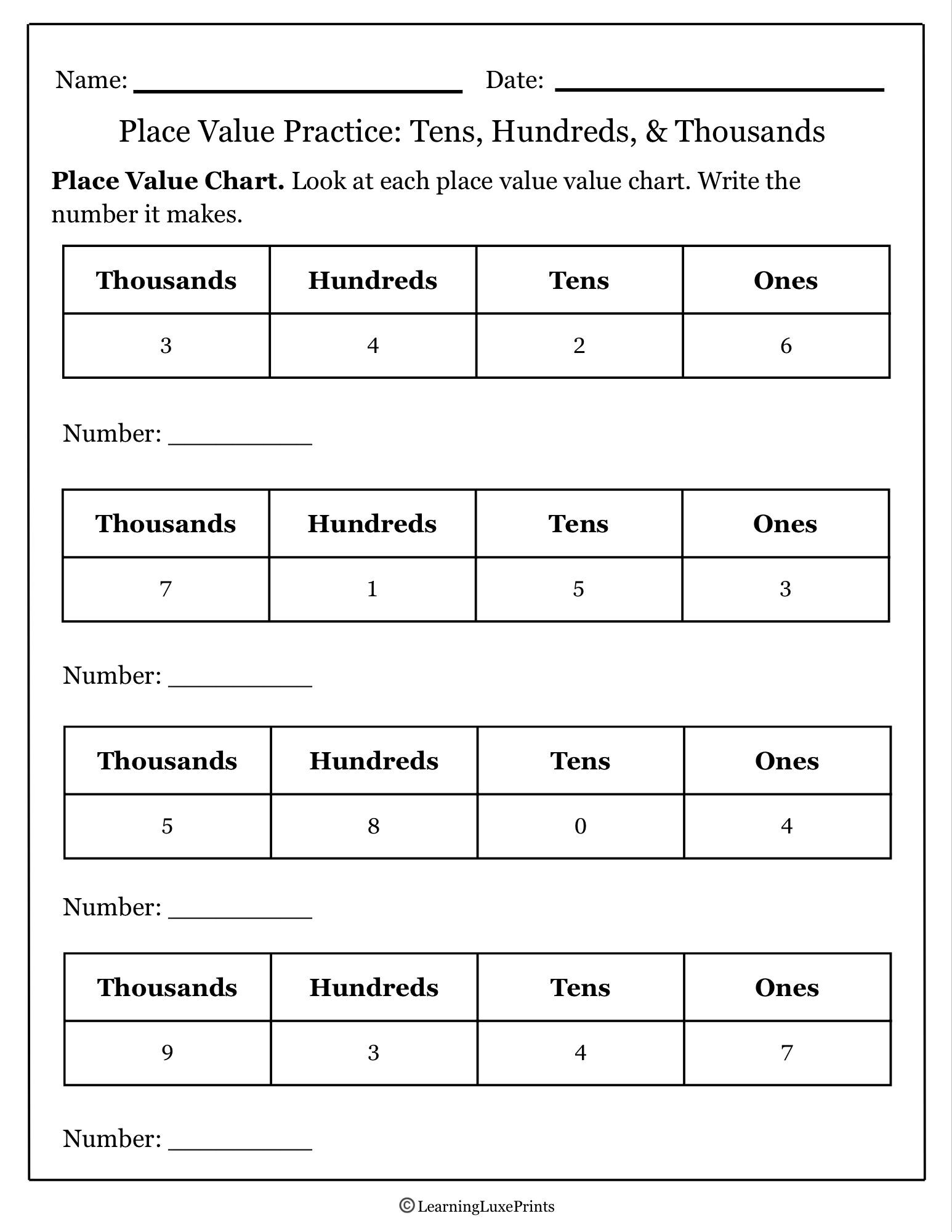 Place Value Worksheet Bundle/tens, Hundreds, Thousands Practice/ Math ...