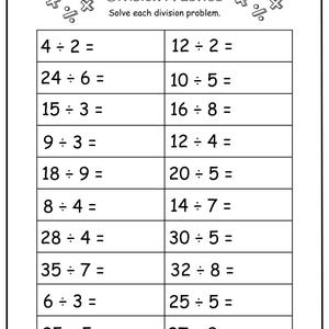 Peut inclure: Feuille de travail imprimable en noir et blanc intitulée "Division Practice". La feuille de travail comprend des problèmes de division à résoudre, avec des espaces pour le nom et la date de l'élève. Le bas de la page porte la mention "©LearningLuxePrints."