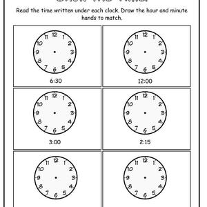 Könnte beinhalten: Schwarz-weiß Arbeitsblatt mit dem Titel "Show the Time!" mit sechs Ziffernblättern. Jede Uhr zeigt eine Uhrzeit an, darunter 6:30, 12:00 und 3:00. Die Aufgabe besteht darin, Stunden- und Minutenzeiger zu zeichnen.