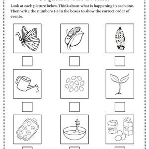 May include: Black and white worksheet titled "Sequence The Events!" with illustrations of a butterfly, caterpillar, chrysalis, watering can, seeds, sprout, cookies, mixing bowl, and ingredients. Includes boxes for numbering.