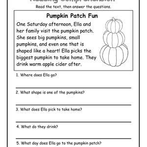 Puede incluir: Hoja de trabajo de comprensión lectora en blanco y negro titulada "Reading Comprehension" con el texto "Pumpkin Patch Fun". La hoja de trabajo incluye una historia corta y preguntas para responder.