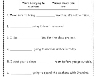 Your vs You're Grammar Worksheet Pack/ 3-Page ELA Printable for Kids/ Homophone Practice