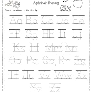 May include: An educational alphabet tracing worksheet featuring a name line, a caterpillar, a crayon box, a pencil, and an apple icon. The page contains uppercase and lowercase letters from A to Z in a dotted font style for practice.