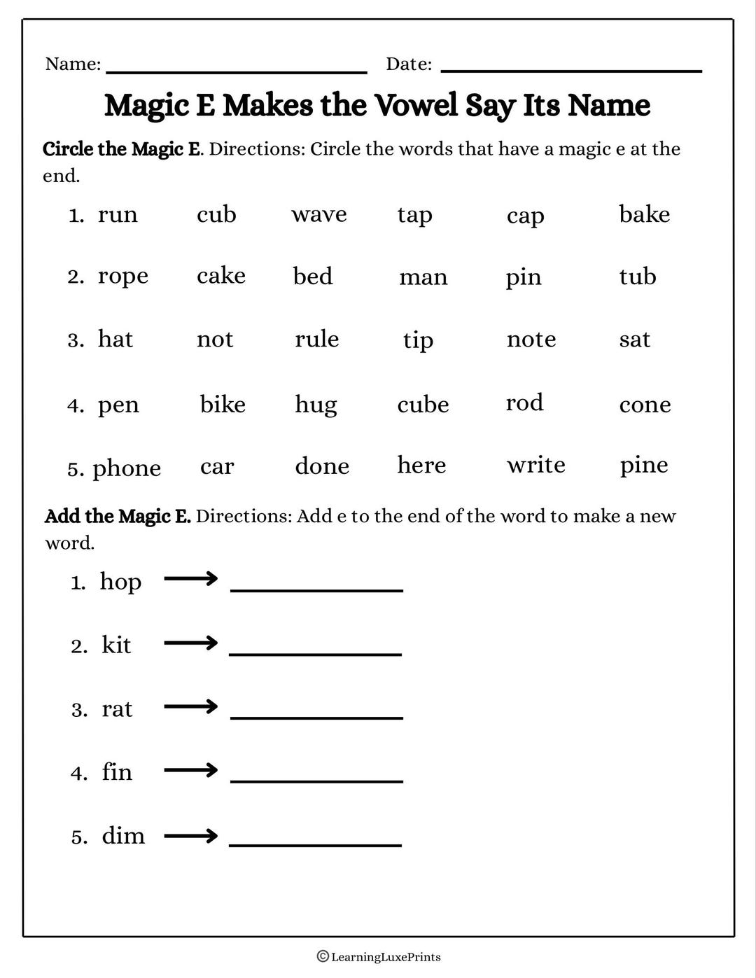Silent E Phonics Activity/ Long Vowel Practice Printable - Etsy