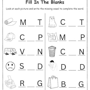 以下が含まれることがあります： 「Fill In The Blanks」というタイトルの白黒ワークシート。猫、地図、買い物袋などのオブジェクトのイラストが描かれています。ワークシートは、ユーザーに不足している母音を埋めて単語を完成させるように促します。