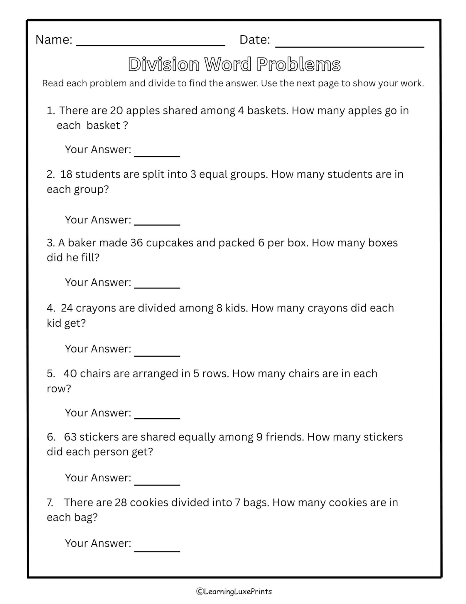 Division Word Problems Worksheet/ Printable Math Activity for Kids - Etsy
