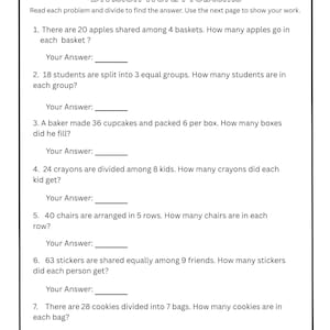 Puede incluir: Una hoja de trabajo blanca titulada "Problemas de palabras de división" con siete problemas de matemáticas. Cada problema requiere que el usuario divida y escriba la respuesta. La hoja de trabajo incluye espacio para el nombre y la fecha del estudiante.