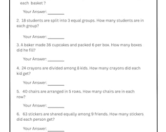 Division Word Problems Worksheet/ Printable Math Activity for Kids