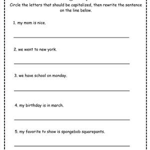 May include: A black and white worksheet for learning about capital letters. The title is "Missing Capitals." It features sentences to rewrite with correct capitalization. There is space for a name and date, and the text "LearningLuxePrints" is at the bottom.