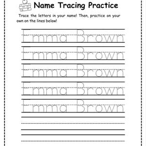 Może przedstawiać: Czarno-biały arkusz edukacyjny zatytułowany Name Tracing Practice z ikoną jabłka i książek. Zawiera pięć rzędów kropkowanego imienia Emma Brown do odrysowania oraz trzy puste linie przeznaczone do samodzielnego ćwiczenia pisania.