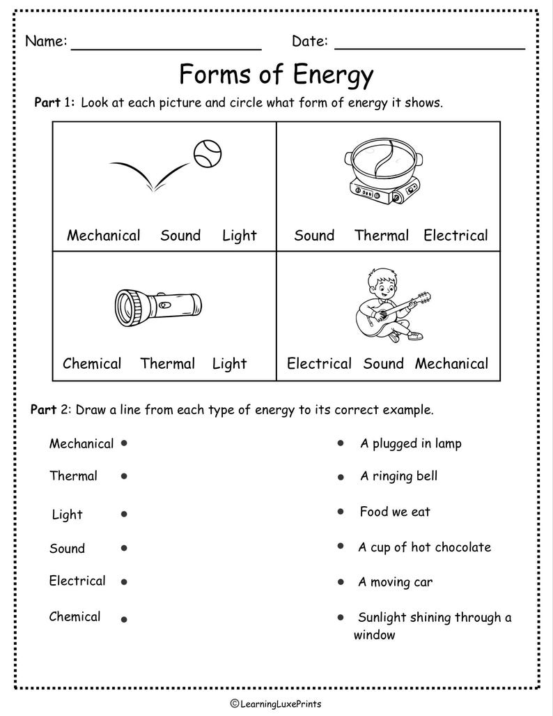 Forms of Energy Worksheet/ Science Printable for Kids - Etsy