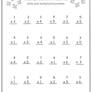 Könnte beinhalten: Schwarz-weiß Arbeitsblatt zur Multiplikationsübung. Der Titel lautet "Multiplication Practice" mit Anweisungen zum Lösen der Aufgaben. Enthält verschiedene Multiplikationsaufgaben.