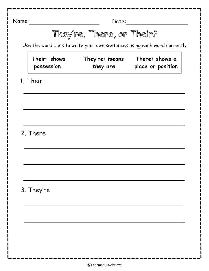 They're, Their, and There Worksheet Pack/ 3-page Grammar Printable for ...