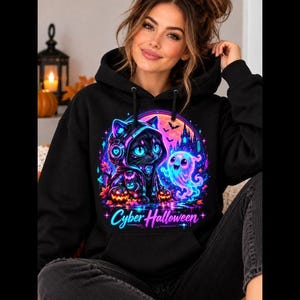 Cyberpunk Halloween Hoodie  for Women,Neon Cat& Cute Ghost Sweatshirt, Kawaii Gotic Pullover, Colorful Spooky Season Gift.