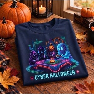 Può includere: Una felpa blu navy con una grafica al neon che mostra un fantasma, una figura con la testa di zucca e un personaggio con cappuccio che giocano a un gioco da tavolo. Il design include linee luminose e il testo "+ CYBER HALLOWEEN +".