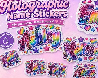 Personalized Y2K Name Sticker, Custom Holographic Vinyl Decal, Retro Neon Rainbow Name Sticker, Blue Green Kids Sticker, Mini or Large