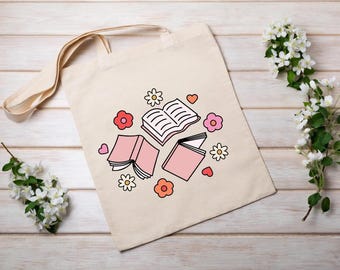 Bookish Floral Tote Bag – Pastel Books Canvas Tote, Reader Aesthetic Book Bag, Library Tote for Book Lovers