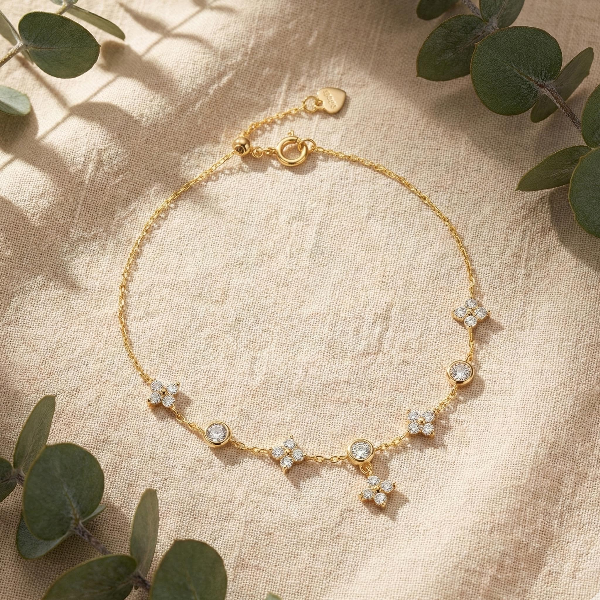 Sterling Silver Four Leaf Clover Bracelet, CZ Star Station Chain