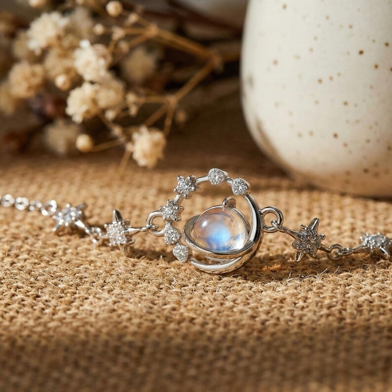 May include: A silver bracelet featuring a celestial design. The focal point is a sphere encircled by a crescent moon and stars, adorned with small, sparkling accents. The bracelet's chain is also decorated with star-shaped charms. The background is a textured, neutral surface.