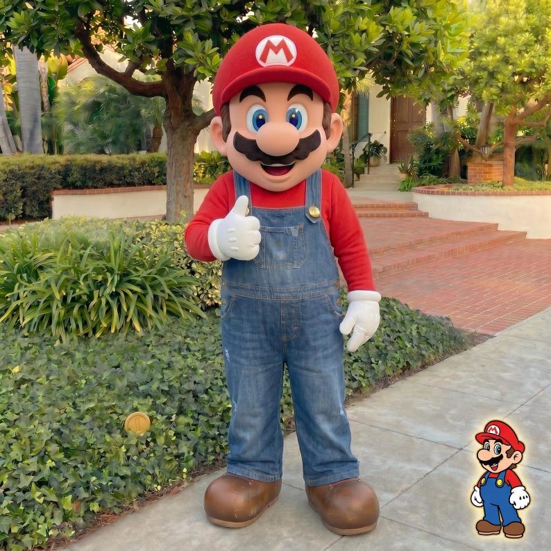 Pu&ograve; includere: Una persona in costume da Mario, indossa un cappello rosso con il logo "M" bianco, una maglietta rossa a maniche lunghe, una salopette di jeans blu, guanti bianchi e scarpe marroni. Il personaggio fa il gesto del pollice in su. Una piccola grafica di Mario &egrave; nell'angolo in basso a destra.