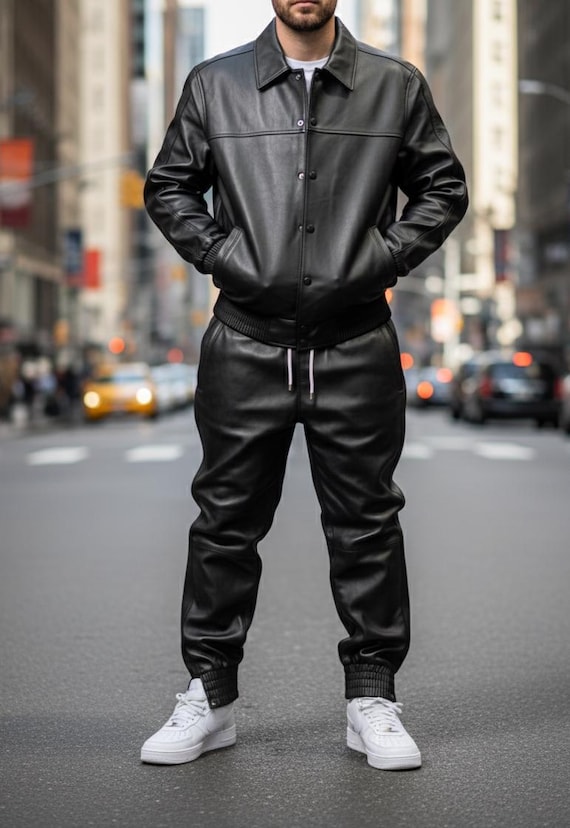 Men's Real Leather Tracksuit: Handmade Jogging Gym Wear.