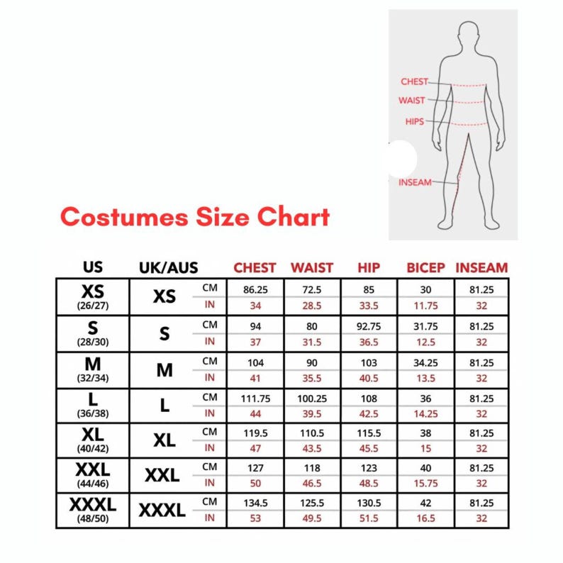 Pu&ograve; includere: Tabella delle taglie dei costumi con misure in centimetri e pollici. La tabella include le misure di petto, vita, fianchi, bicipiti e interno gamba per le taglie XS a XXXL. Il testo "Costumes Size Chart" &egrave; in alto.
