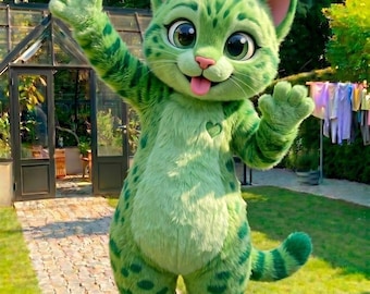 Disfraz de gatito verde con manchas, disfraz de mascota animal de cuerpo completo, disfraz de cosplay de peluche para adultos