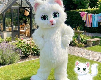 Costume da mascotte gatto bianco, tuta intera da gattino in pelliccia, abito cosplay da animale di peluche