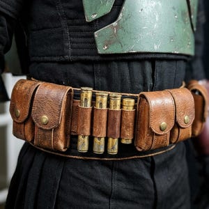 K&ouml;nnte beinhalten: Ein brauner Leder-Utility-G&uuml;rtel mit mehreren Taschen und messingfarbenen Nieten. Der G&uuml;rtel verf&uuml;gt &uuml;ber mehrere zylindrische Metallobjekte, die von Lederriemen gehalten werden. Der G&uuml;rtel wird &uuml;ber schwarzer Kleidung getragen, wobei eine gr&uuml;ne und silberne Brustplatte sichtbar ist.