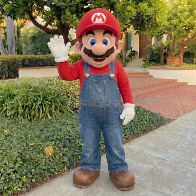 Pu&ograve; includere: Una persona in costume da Mario, che saluta. Il costume comprende un cappello rosso con una "M" bianca, una maglia rossa a maniche lunghe, una salopette di jeans blu, guanti bianchi e scarpe marroni. Il personaggio ha grandi baffi neri e occhi blu.