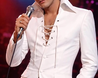 Chaqueta de cuero blanca Signature Elvis de la película Promised Land / Réplica de escenario hecha a mano en piel de cordero