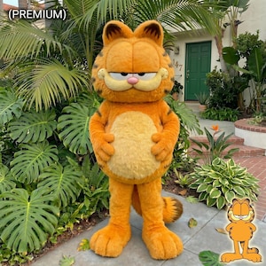 Könnte beinhalten: Ein orangefarbenes Garfield-Kostüm mit einem hellorangen Bauch und einem mürrischen Gesichtsausdruck. Das Kostüm hat schwarze Streifen auf Armen und Beinen. Ein kleines Garfield-Cartoon-Bild befindet sich in der unteren rechten Ecke.