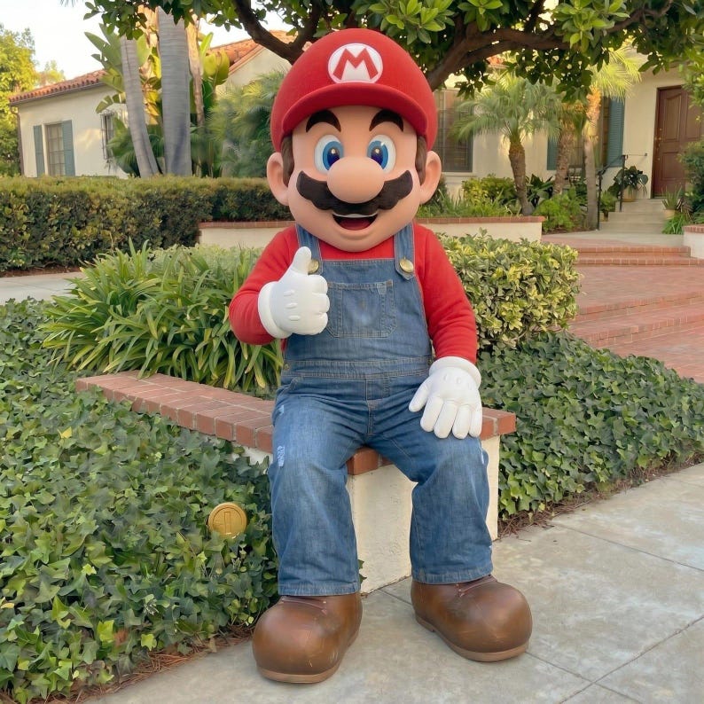 Pu&ograve; includere: Una persona in costume da Mario, indossa un cappello rosso con il logo "M" bianco, una maglietta rossa a maniche lunghe, una salopette di jeans blu e scarpe marroni. Il personaggio fa il gesto del pollice in su con guanti bianchi. Lo sfondo include vegetazione e un edificio.