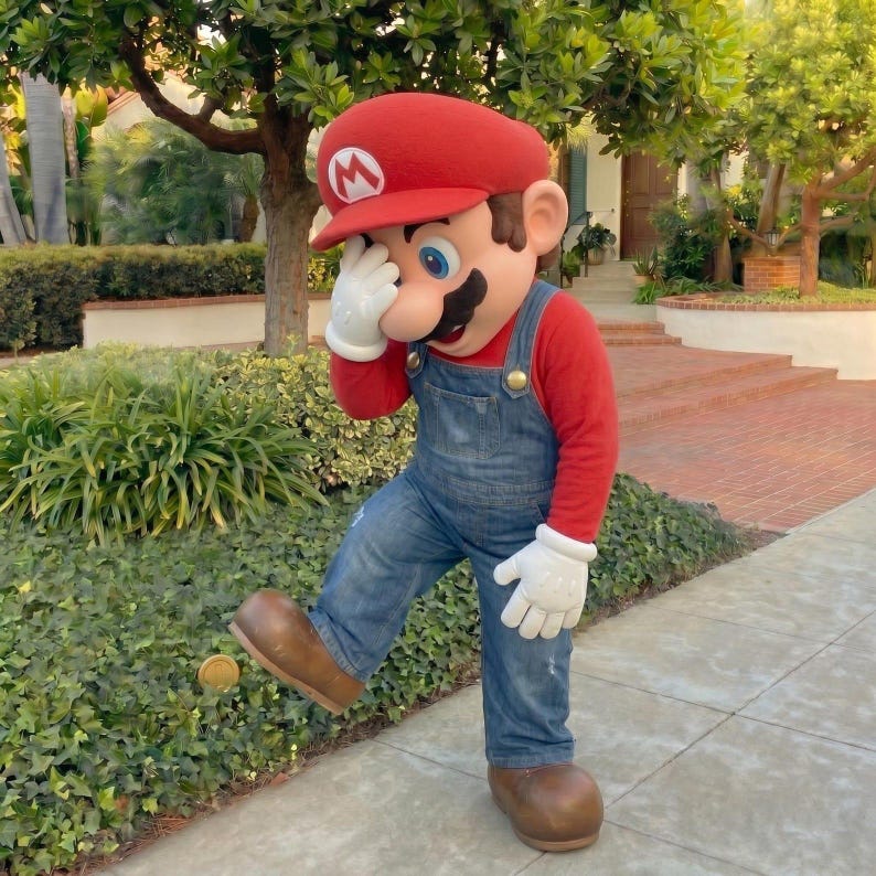 Pu&ograve; includere: Una persona in costume da Mario, con un cappello rosso con logo "M" bianco, camicia rossa a maniche lunghe, tuta di jeans blu e scarpe marroni. Il personaggio si tocca la fronte con una mano guantata bianca. Una moneta d'oro &egrave; a terra.