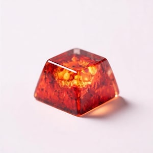 May include: A square, translucent keycap with a fiery red and orange interior. The keycap has a glossy finish and is set against a white background. The design resembles a glowing ember or a piece of amber.